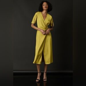NEW Luxely Pleated Silky Chartreuse Wrap-Style Dress